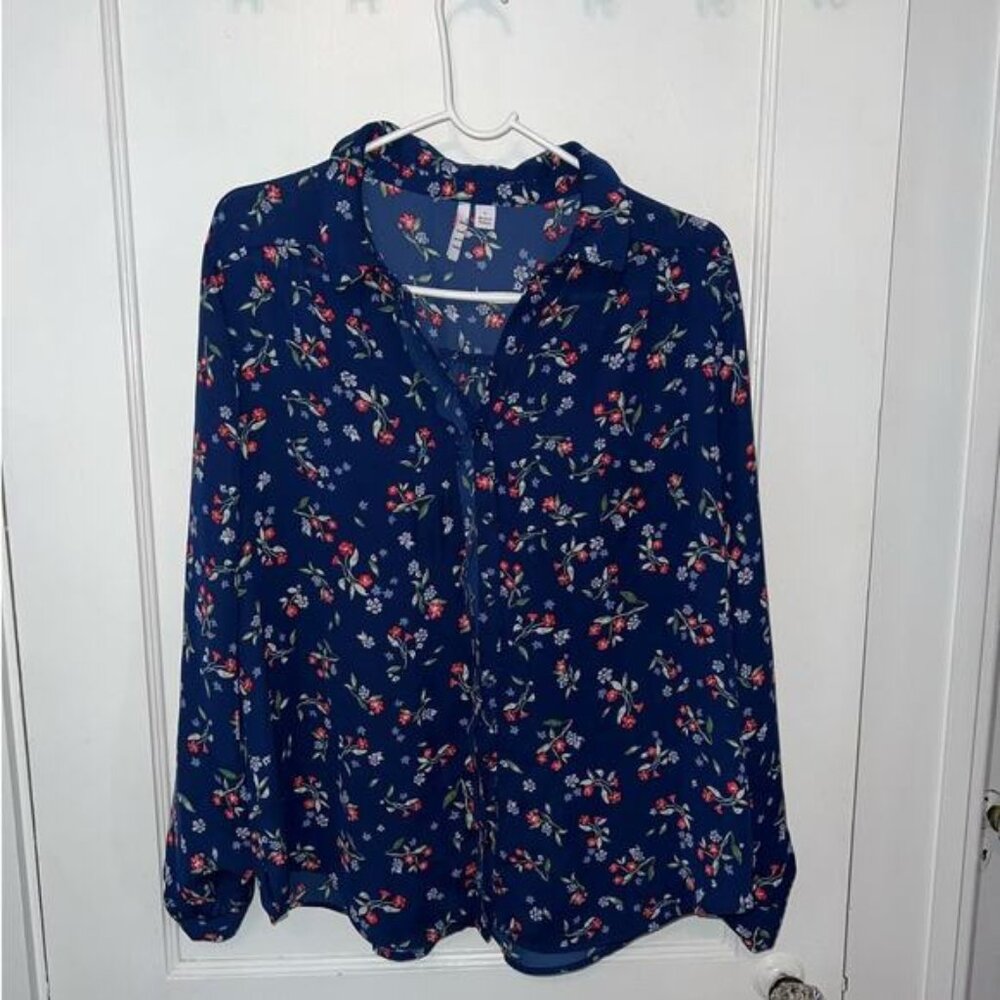 Elle Womens Button Down Sheer Floral Long Sleeve Blouse size L